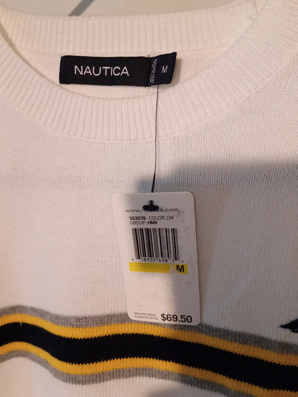 Nautica White Crewneck Sweater with Navy & Yellow Stripes